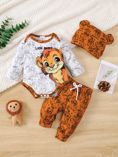3pcs "Brave Lion Baby" Toddler Long Sleeve Top, Pants With Lion Print, And Hat With Ears, Lightweight & Soft, Suitable For Spring/Autumn Wear Or Layering, Comfortable Set