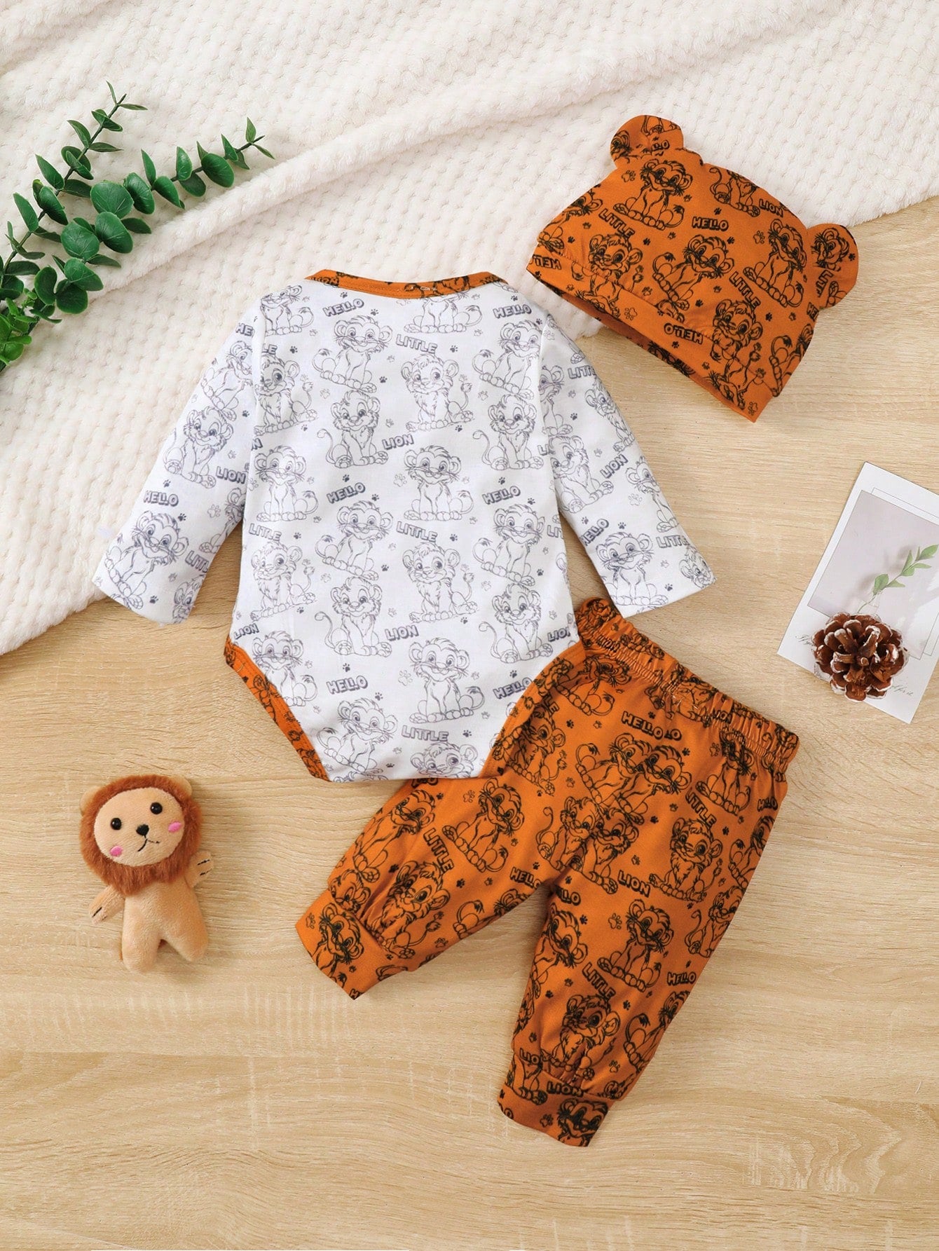 3pcs "Brave Lion Baby" Toddler Long Sleeve Top, Pants With Lion Print, And Hat With Ears, Lightweight & Soft, Suitable For Spring/Autumn Wear Or Layering, Comfortable Set