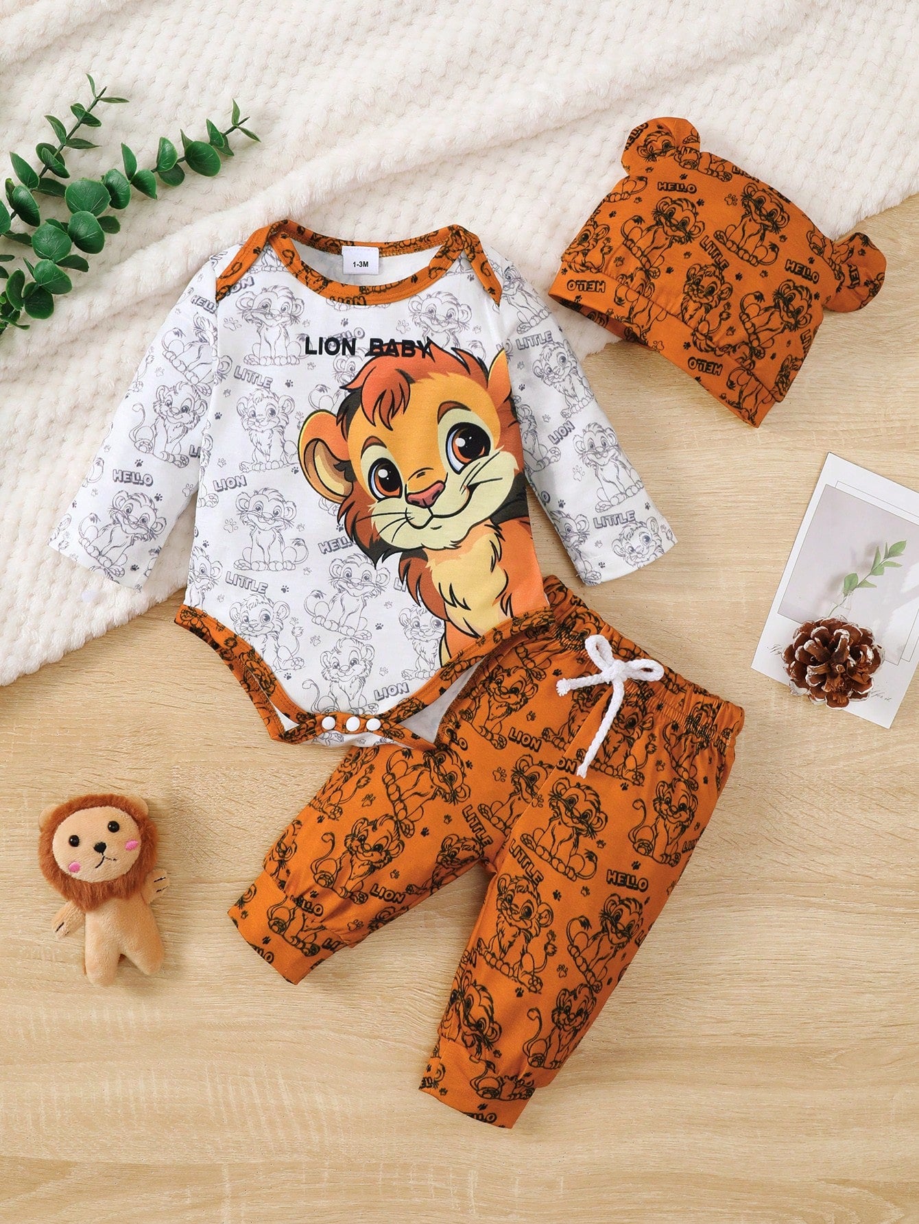 3pcs "Brave Lion Baby" Toddler Long Sleeve Top, Pants With Lion Print, And Hat With Ears, Lightweight & Soft, Suitable For Spring/Autumn Wear Or Layering, Comfortable Set