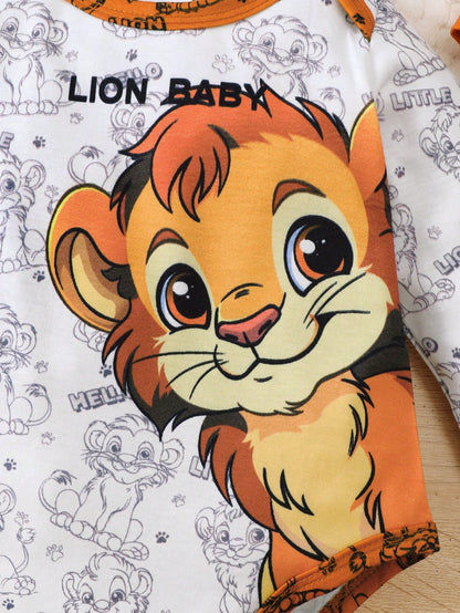 3pcs "Brave Lion Baby" Toddler Long Sleeve Top, Pants With Lion Print, And Hat With Ears, Lightweight & Soft, Suitable For Spring/Autumn Wear Or Layering, Comfortable Set