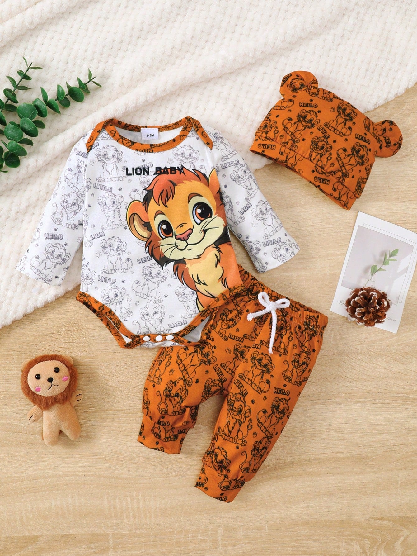 3pcs "Brave Lion Baby" Toddler Long Sleeve Top, Pants With Lion Print, And Hat With Ears, Lightweight & Soft, Suitable For Spring/Autumn Wear Or Layering, Comfortable Set