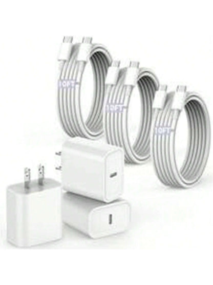 3PCS Fast Charging Type-C Charger Block With 4FT Cable Set- Compatible With Mobile Phone 16/15 Series, IPad, Portable Adapter For Travel, Office, Home, Local Warehouse
