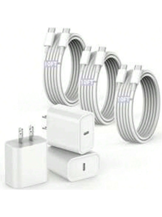 3PCS Fast Charging Type-C Charger Block With 4FT Cable Set- Compatible With Mobile Phone 16/15 Series, IPad, Portable Adapter For Travel, Office, Home, Local Warehouse
