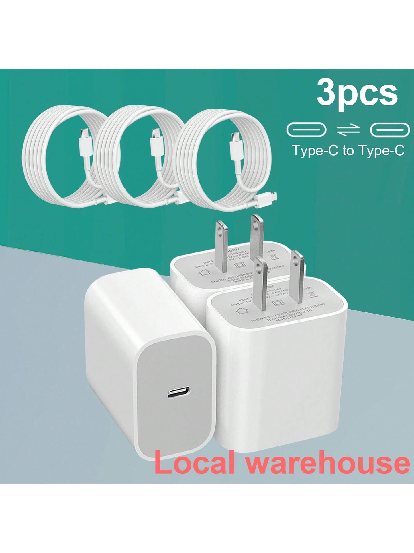 3PCS Fast Charging Type-C Charger Block With 4FT Cable Set- Compatible With Mobile Phone 16/15 Series, IPad, Portable Adapter For Travel, Office, Home, Local Warehouse