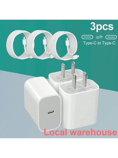 3PCS Fast Charging Type-C Charger Block With 4FT Cable Set- Compatible With Mobile Phone 16/15 Series, IPad, Portable Adapter For Travel, Office, Home, Local Warehouse