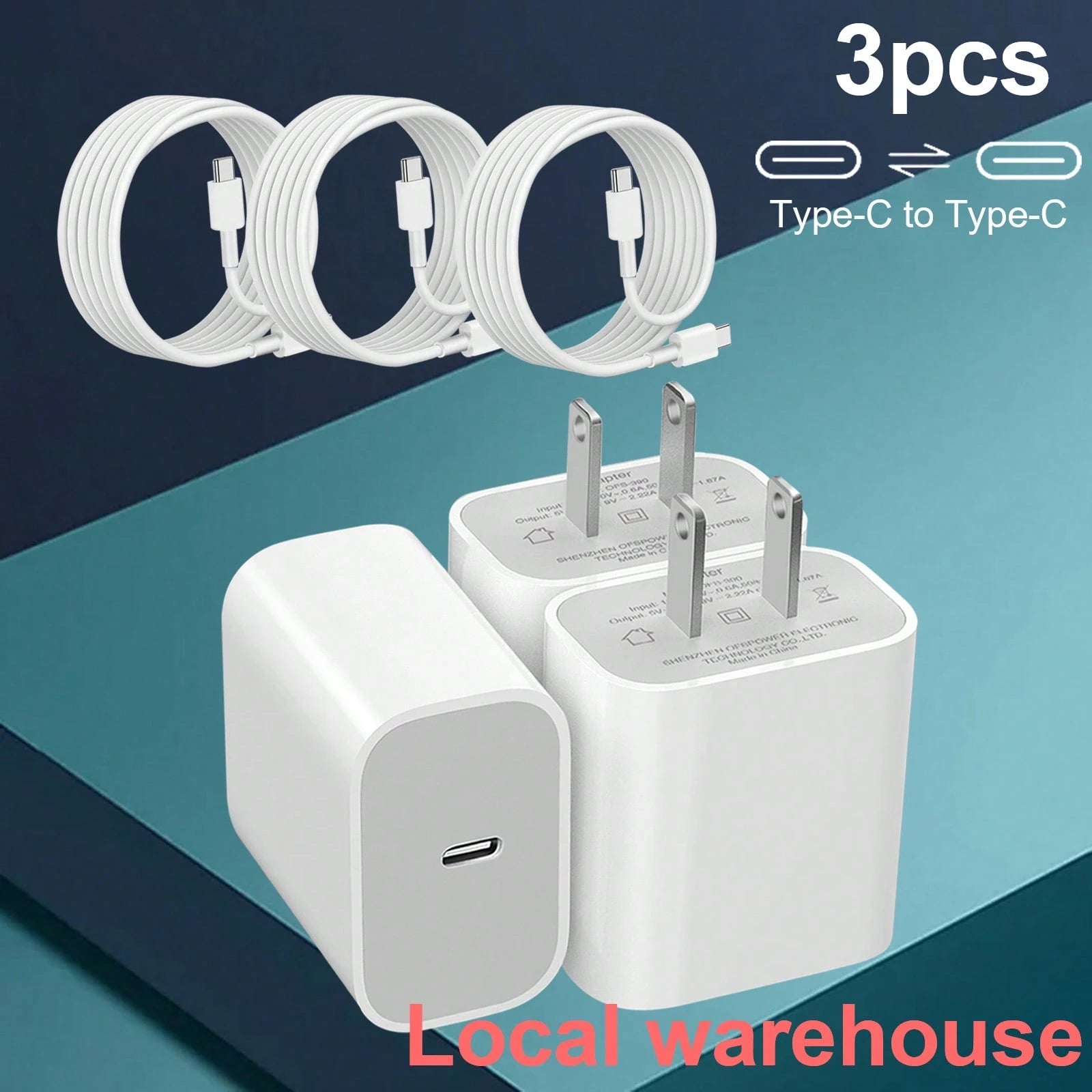3PCS Fast Charging Type-C Charger Block With 4FT Cable Set- Compatible With Mobile Phone 16/15 Series, IPad, Portable Adapter For Travel, Office, Home, Local Warehouse