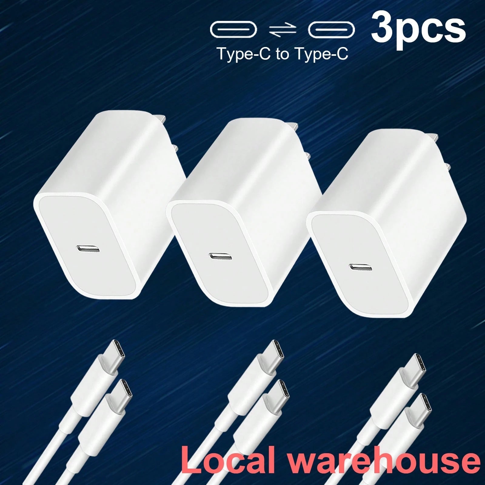 3PCS Fast Charging Type-C Charger Block With 4FT Cable Set- Compatible With Mobile Phone 16/15 Series, IPad, Portable Adapter For Travel, Office, Home, Local Warehouse