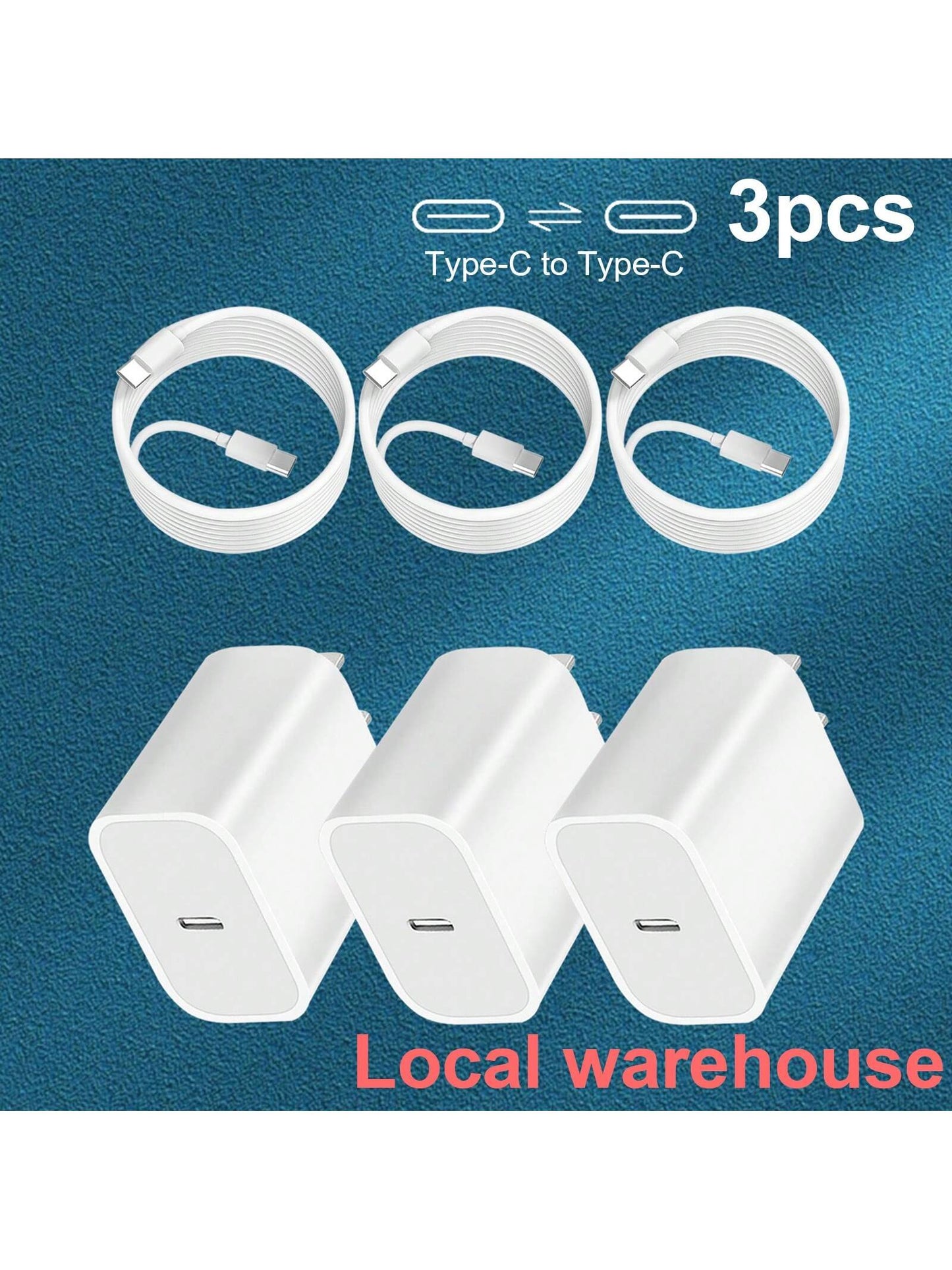 3PCS Fast Charging Type-C Charger Block With 4FT Cable Set- Compatible With Mobile Phone 16/15 Series, IPad, Portable Adapter For Travel, Office, Home, Local Warehouse