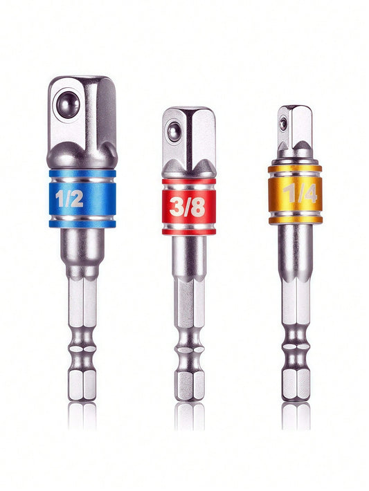 3Pcs Impact Grade Socket Adapter Set, Steel Hex Shank To Square Socket Drill Bits For Power Drills, Cordless Impact Driver With Color-Coded Rings, Home And Car Repair Tools