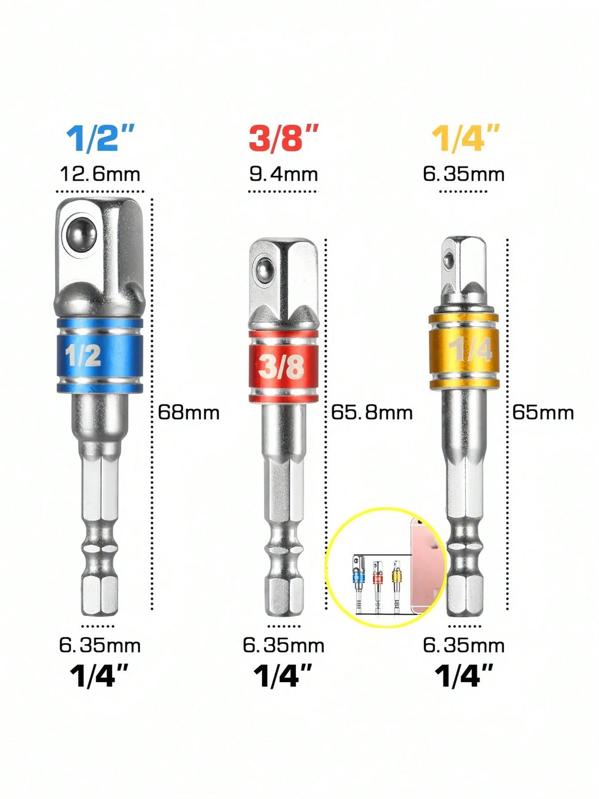 3Pcs Impact Grade Socket Adapter Set, Steel Hex Shank To Square Socket Drill Bits For Power Drills, Cordless Impact Driver With Color-Coded Rings, Home And Car Repair Tools