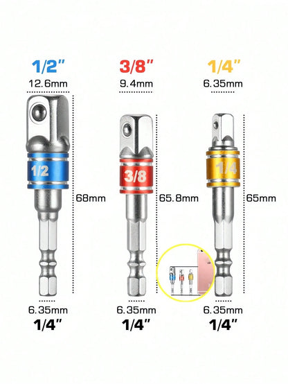 3Pcs Impact Grade Socket Adapter Set, Steel Hex Shank To Square Socket Drill Bits For Power Drills, Cordless Impact Driver With Color-Coded Rings, Home And Car Repair Tools