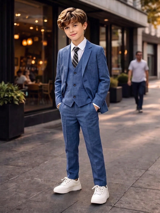 3pcs Kids Tween Boy Minimalist Silhouette Premium Deep Navy Blue Plaid Suit Set With Deep Navy Blue Tie, Suitable For Wedding Season, Casual School, Comfortable Fashion, Minimalist Practical Ver