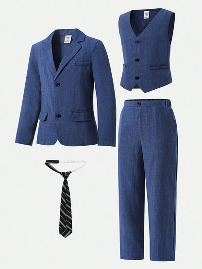 3pcs Kids Tween Boy Minimalist Silhouette Premium Deep Navy Blue Plaid Suit Set With Deep Navy Blue Tie, Suitable For Wedding Season, Casual School, Comfortable Fashion, Minimalist Practical Ver