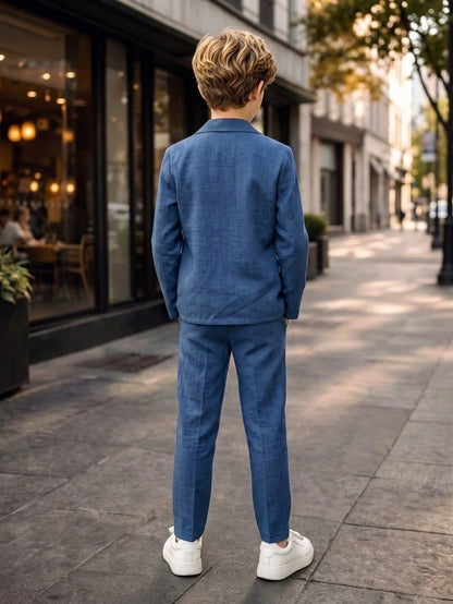 3pcs Kids Tween Boy Minimalist Silhouette Premium Deep Navy Blue Plaid Suit Set With Deep Navy Blue Tie, Suitable For Wedding Season, Casual School, Comfortable Fashion, Minimalist Practical Ver