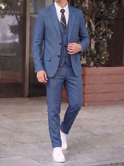 3pcs Kids Tween Boy Minimalist Silhouette Premium Deep Navy Blue Plaid Suit Set With Deep Navy Blue Tie, Suitable For Wedding Season, Casual School, Comfortable Fashion, Minimalist Practical Ver