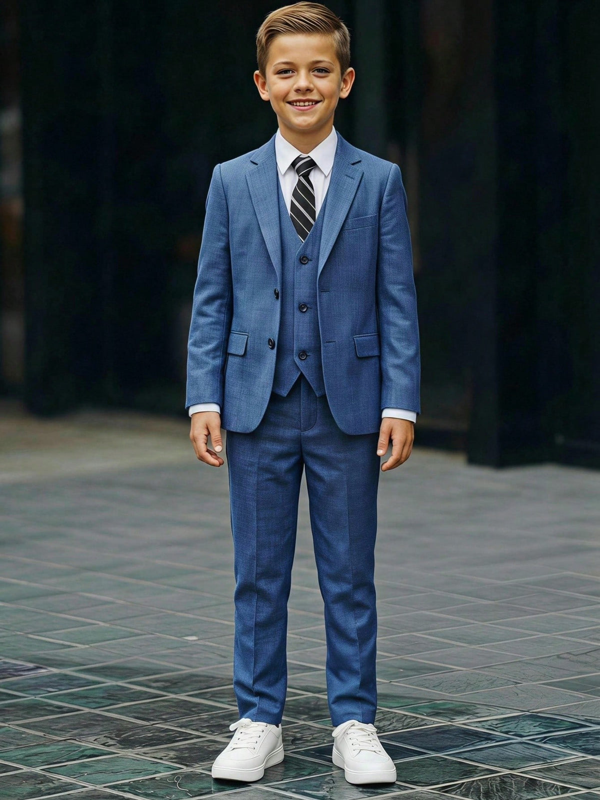 3pcs Kids Tween Boy Minimalist Silhouette Premium Deep Navy Blue Plaid Suit Set With Deep Navy Blue Tie, Suitable For Wedding Season, Casual School, Comfortable Fashion, Minimalist Practical Ver
