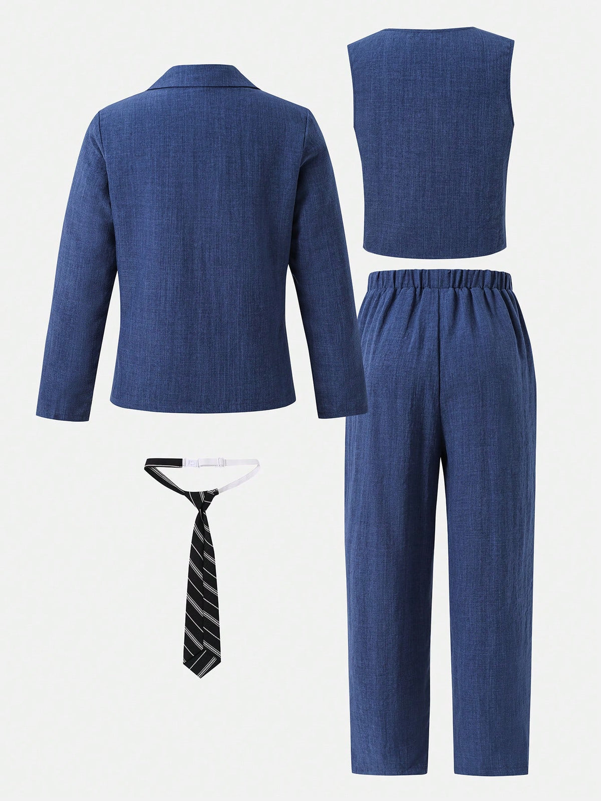 3pcs Kids Tween Boy Minimalist Silhouette Premium Deep Navy Blue Plaid Suit Set With Deep Navy Blue Tie, Suitable For Wedding Season, Casual School, Comfortable Fashion, Minimalist Practical Ver