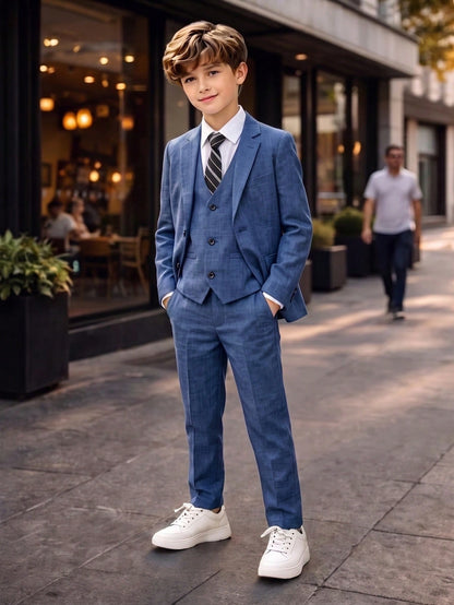 3pcs Kids Tween Boy Minimalist Silhouette Premium Deep Navy Blue Plaid Suit Set With Deep Navy Blue Tie, Suitable For Wedding Season, Casual School, Comfortable Fashion, Minimalist Practical Ver