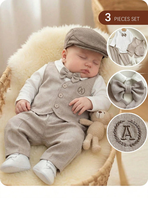 3pcs Newborn Baby Boy Preppy Style Cute Casual Vest Jacket, Pants And Bow Tie Romper Set,Kids