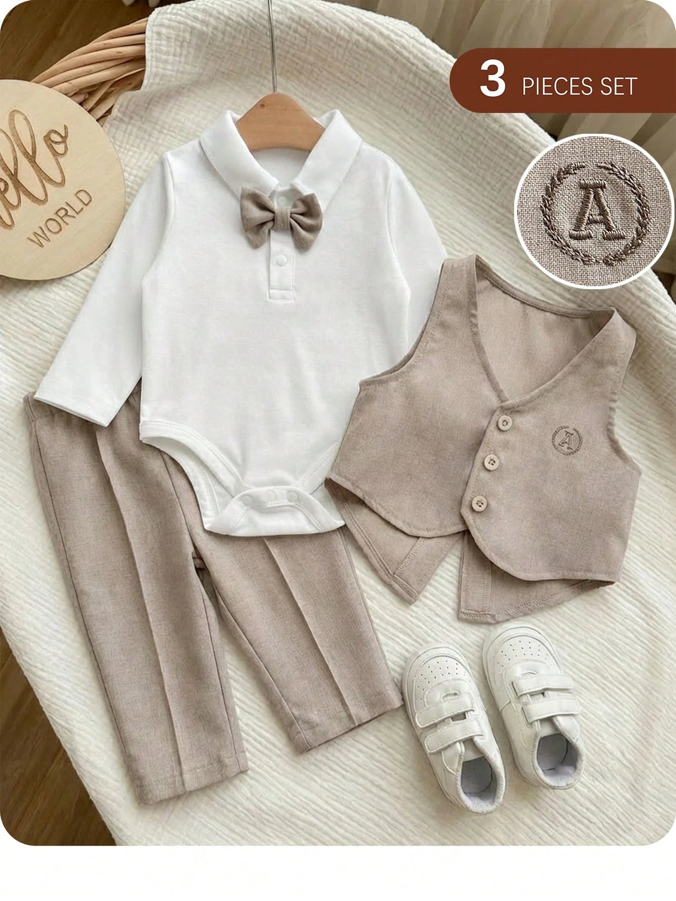 3pcs Newborn Baby Boy Preppy Style Cute Casual Vest Jacket, Pants And Bow Tie Romper Set,Kids