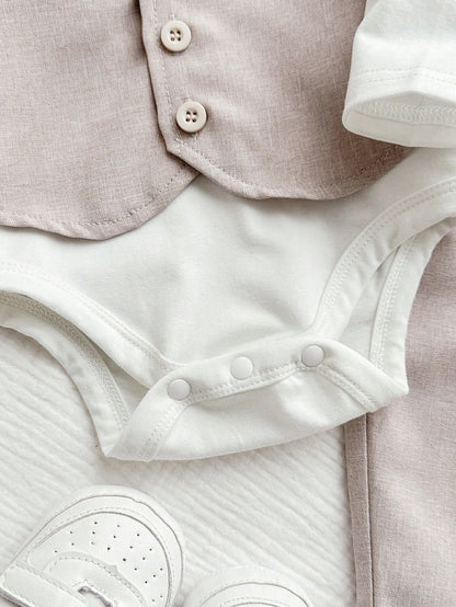 3pcs Newborn Baby Boy Preppy Style Cute Casual Vest Jacket, Pants And Bow Tie Romper Set,Kids