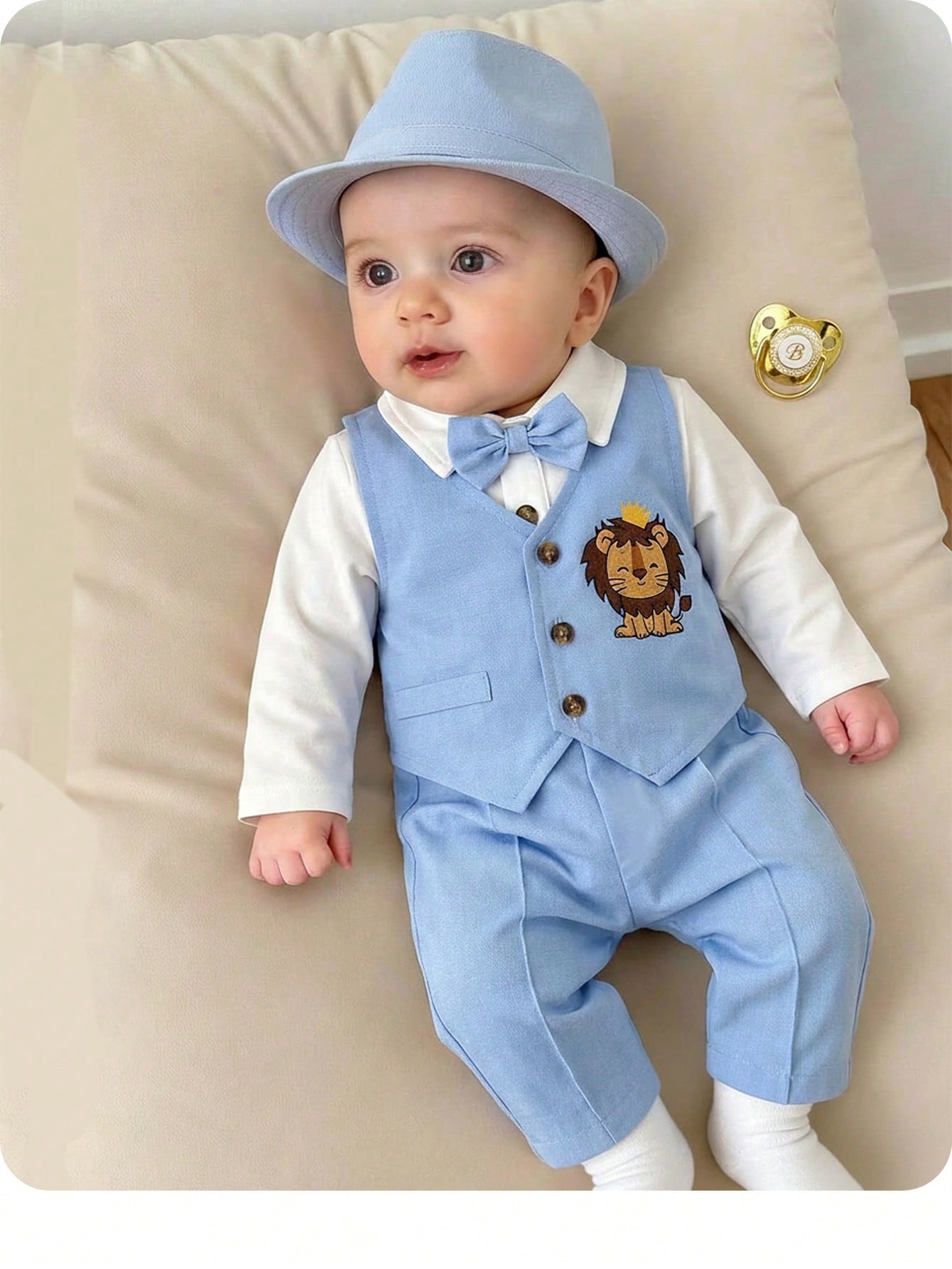 3pcs Newborn Baby Boy Preppy Style Cute Casual Vest Jacket, Pants And Bow Tie Romper Set,Kids