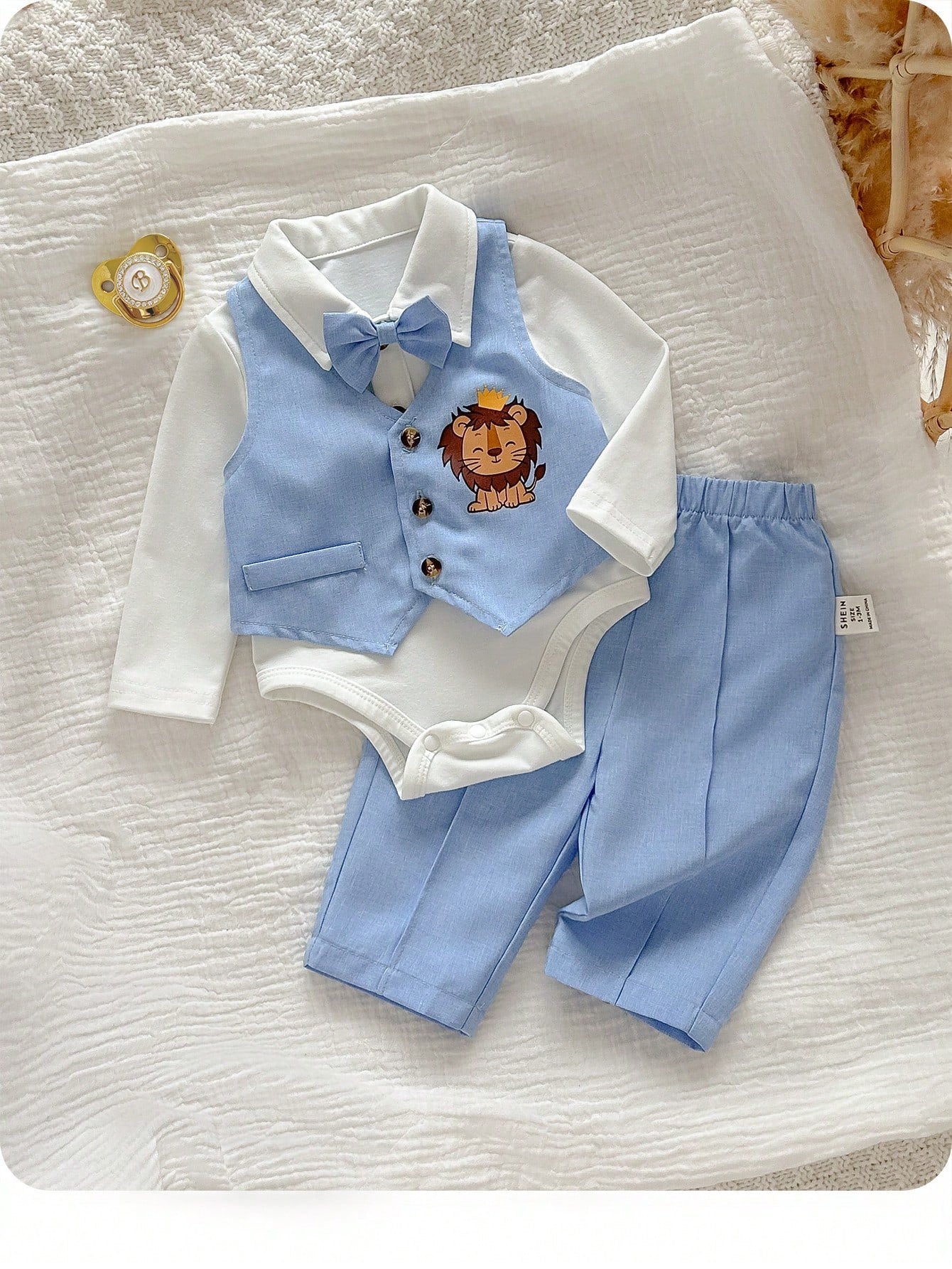 3pcs Newborn Baby Boy Preppy Style Cute Casual Vest Jacket, Pants And Bow Tie Romper Set,Kids
