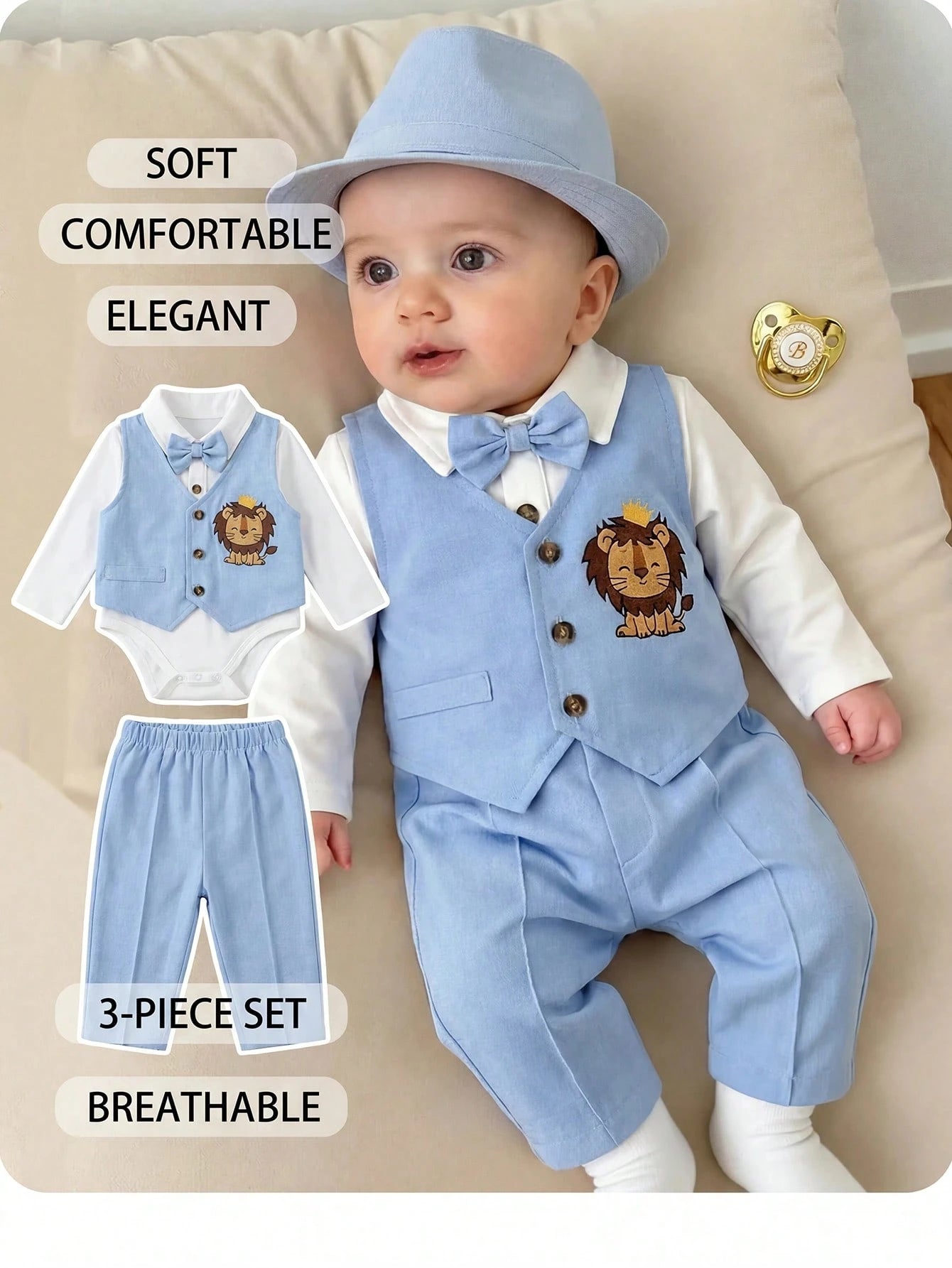 3pcs Newborn Baby Boy Preppy Style Cute Casual Vest Jacket, Pants And Bow Tie Romper Set,Kids
