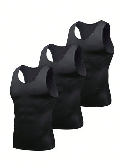 3pcs/Pack Men's Black, White, Grey Compression Tank Tops, Milk Silk High Elastic Fabric, Comfortable And Skin-Friendly, Suitable For Outdoor, Fitness Training, Running, Basketball, Football And Other