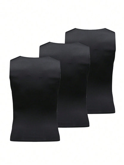 3pcs/Pack Men's Black, White, Grey Compression Tank Tops, Milk Silk High Elastic Fabric, Comfortable And Skin-Friendly, Suitable For Outdoor, Fitness Training, Running, Basketball, Football And Other