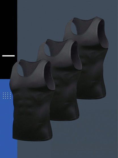 3pcs/Pack Men's Black, White, Grey Compression Tank Tops, Milk Silk High Elastic Fabric, Comfortable And Skin-Friendly, Suitable For Outdoor, Fitness Training, Running, Basketball, Football And Other