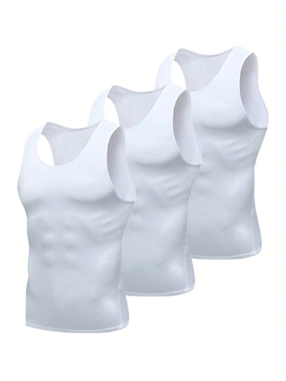 3pcs/Pack Men's Black, White, Grey Compression Tank Tops, Milk Silk High Elastic Fabric, Comfortable And Skin-Friendly, Suitable For Outdoor, Fitness Training, Running, Basketball, Football And Other
