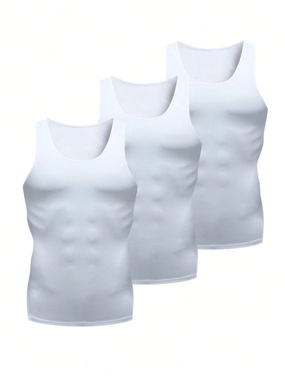 3pcs/Pack Men's Black, White, Grey Compression Tank Tops, Milk Silk High Elastic Fabric, Comfortable And Skin-Friendly, Suitable For Outdoor, Fitness Training, Running, Basketball, Football And Other
