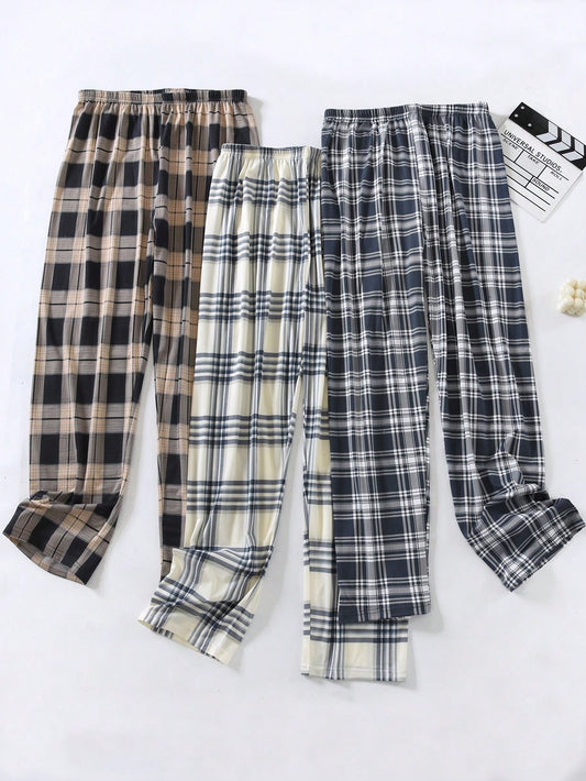 3pcs Pack Men's Plaid Pajama Pants, Regular Thickness, Casual Loose Fit Sleepwear Trousers Suitable For Spring & Autumn, Winter Clothes