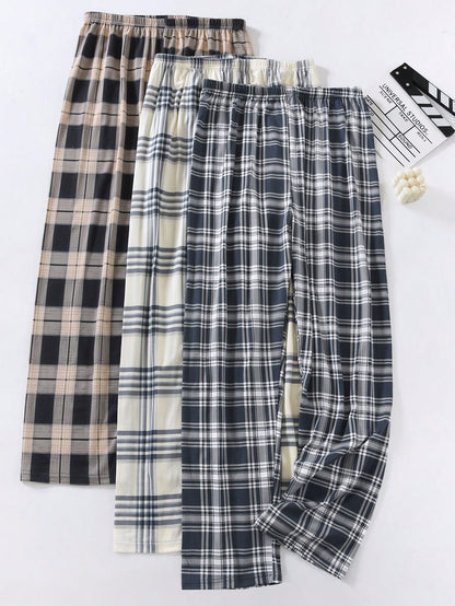 3pcs Pack Men's Plaid Pajama Pants, Regular Thickness, Casual Loose Fit Sleepwear Trousers Suitable For Spring & Autumn, Winter Clothes