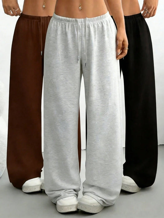 3pcs Pack Women's Wide-Leg Jogger Pants Elastic Waist, Wide Leg Length Full-Length Pants Suitable For Seasons, Casual Elegant Wear
