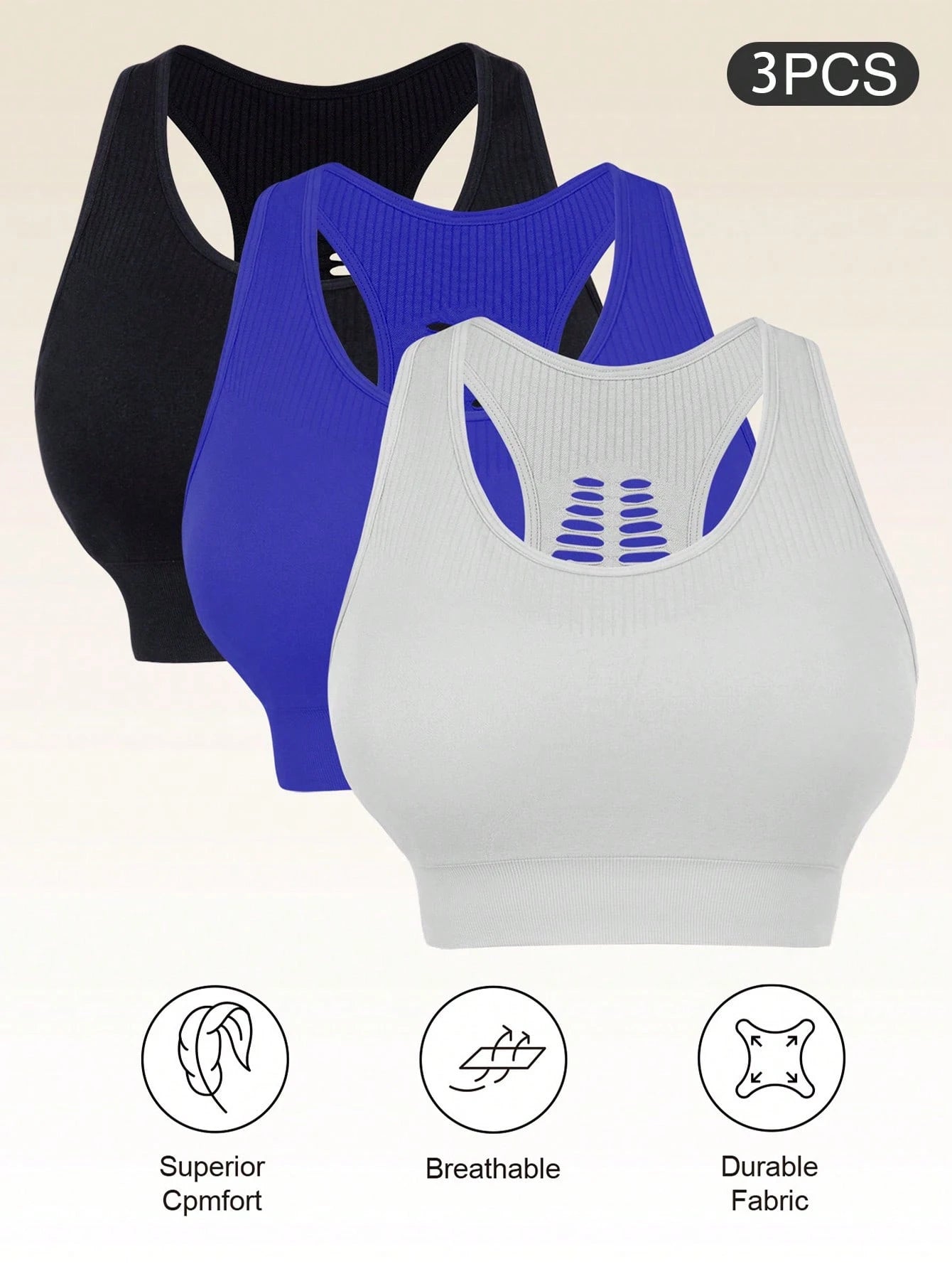3pcs Plus Size Women's Camisole Bras With Removable Pads, Hollow Back Design, Anti-Sagging, Easy On & Off, Suitable For Gym Use Spring Sports