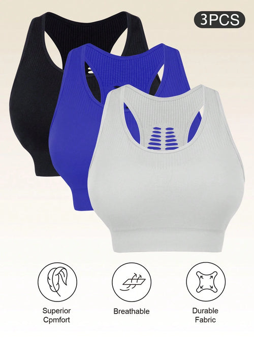 3pcs Plus Size Women's Camisole Bras With Removable Pads, Hollow Back Design, Anti-Sagging, Easy On & Off, Suitable For Gym Use Spring Sports