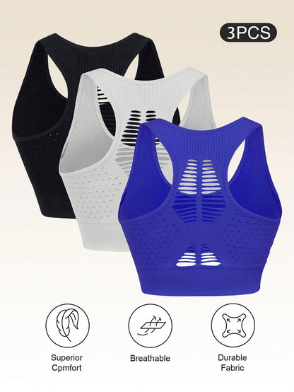 3pcs Plus Size Women's Camisole Bras With Removable Pads, Hollow Back Design, Anti-Sagging, Easy On & Off, Suitable For Gym Use Spring Sports