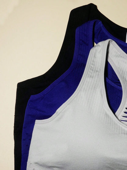 3pcs Plus Size Women's Camisole Bras With Removable Pads, Hollow Back Design, Anti-Sagging, Easy On & Off, Suitable For Gym Use Spring Sports