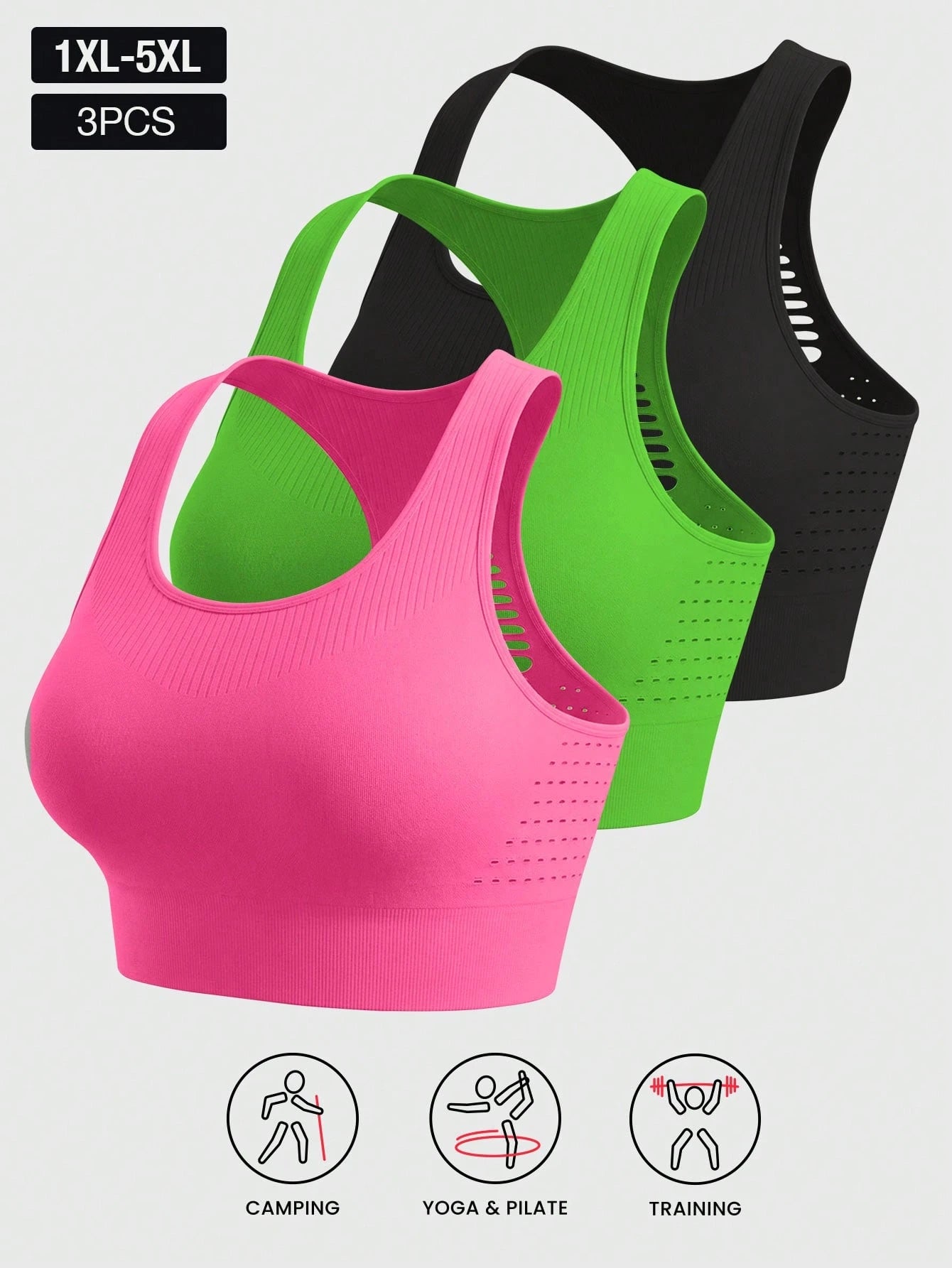 3pcs Plus Size Women's Camisole Bras With Removable Pads, Hollow Back Design, Anti-Sagging, Easy On & Off, Suitable For Gym Use Spring Sports