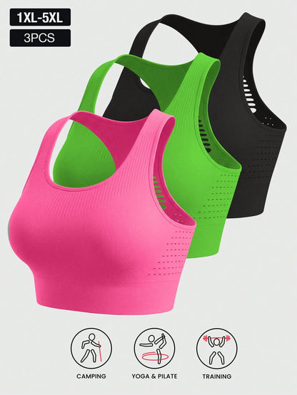 3pcs Plus Size Women's Camisole Bras With Removable Pads, Hollow Back Design, Anti-Sagging, Easy On & Off, Suitable For Gym Use Spring Sports