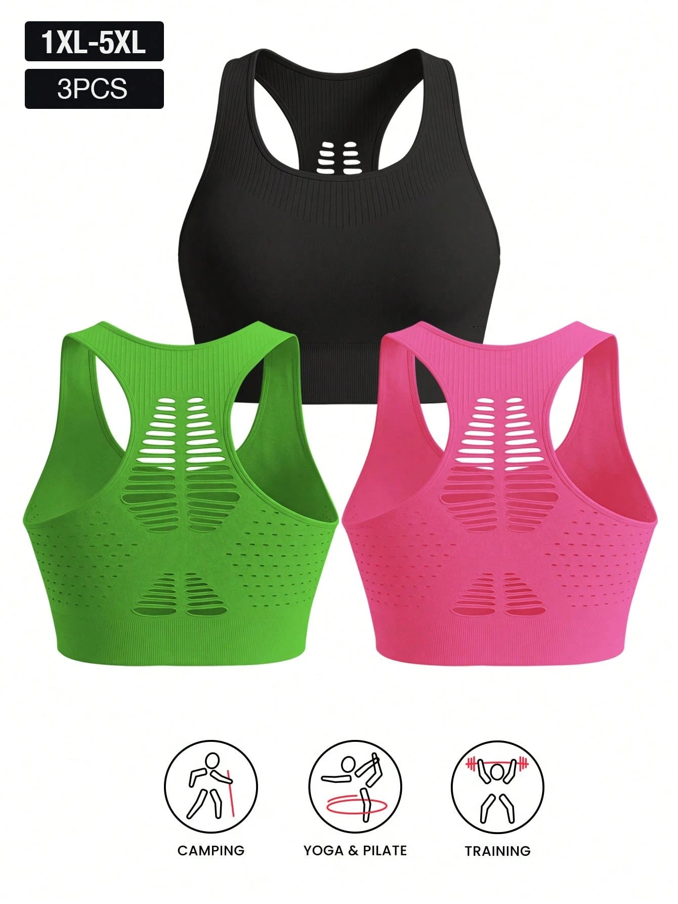 3pcs Plus Size Women's Camisole Bras With Removable Pads, Hollow Back Design, Anti-Sagging, Easy On & Off, Suitable For Gym Use Spring Sports