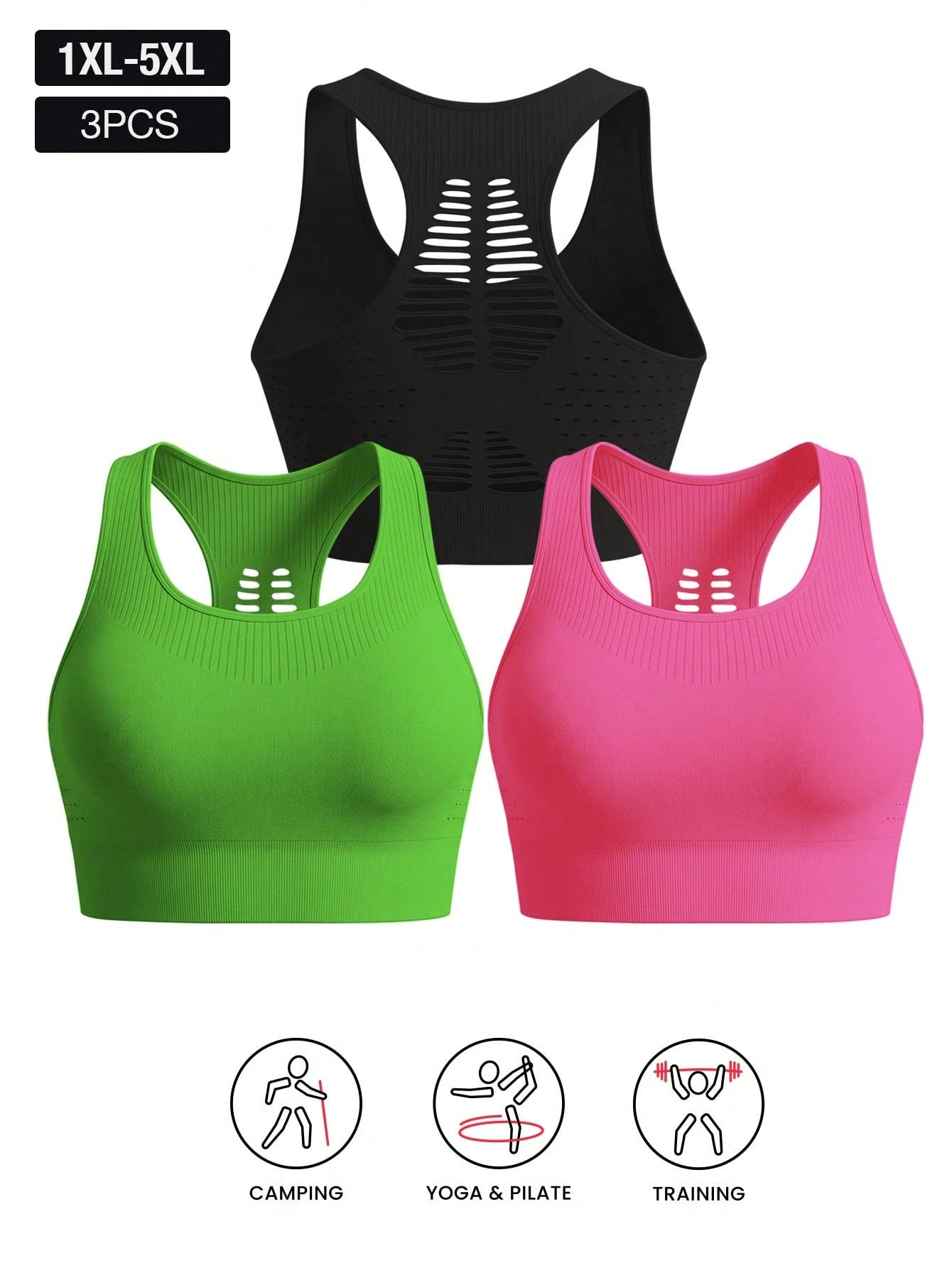 3pcs Plus Size Women's Camisole Bras With Removable Pads, Hollow Back Design, Anti-Sagging, Easy On & Off, Suitable For Gym Use Spring Sports