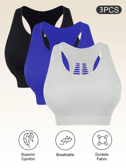 3pcs Plus Size Women's Camisole Bras With Removable Pads, Hollow Back Design, Anti-Sagging, Easy On & Off, Suitable For Gym Use Spring Sports
