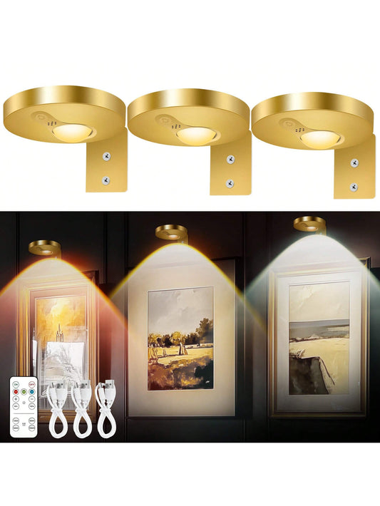 3Pcs Rechargeable Picture Lights For Wall, 1200mAh Battery Operated Wall Frame Lights, Puck Lights With Remote, Dimmable & Timer Art Lighting For Paintings Wireless, Magnetic Gallery Light Gold