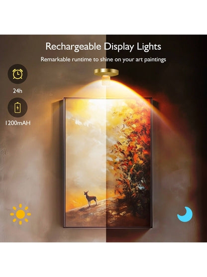 3Pcs Rechargeable Picture Lights For Wall, 1200mAh Battery Operated Wall Frame Lights, Puck Lights With Remote, Dimmable & Timer Art Lighting For Paintings Wireless, Magnetic Gallery Light Gold