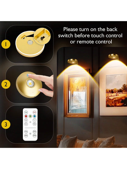 3Pcs Rechargeable Picture Lights For Wall, 1200mAh Battery Operated Wall Frame Lights, Puck Lights With Remote, Dimmable & Timer Art Lighting For Paintings Wireless, Magnetic Gallery Light Gold