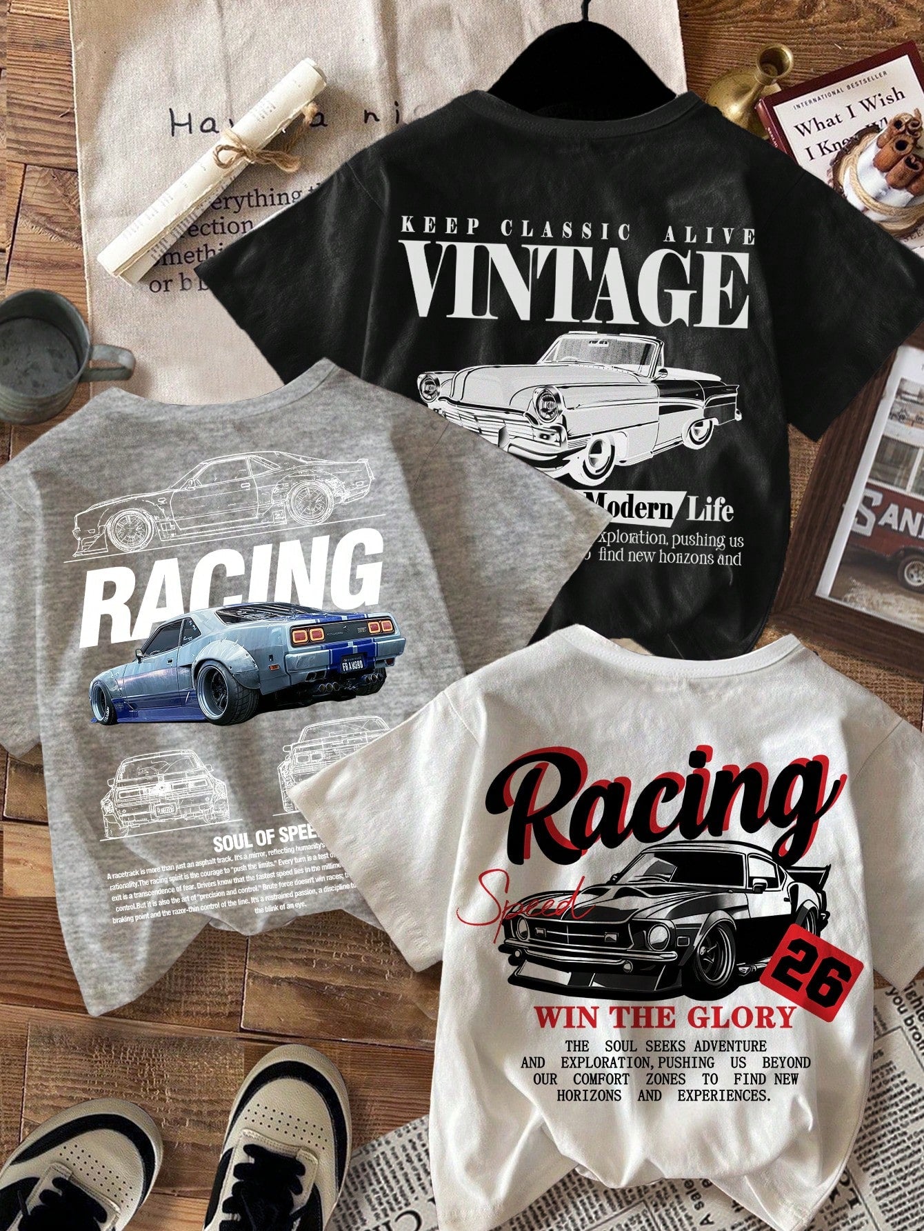 3pcs/Set Baby Boy Retro Car Graphic T-Shirts,White And Red,Summer,Street Life Casual Graphic Street Fashion,Carrer Day,Back-To-School Y2K Loose Tops
