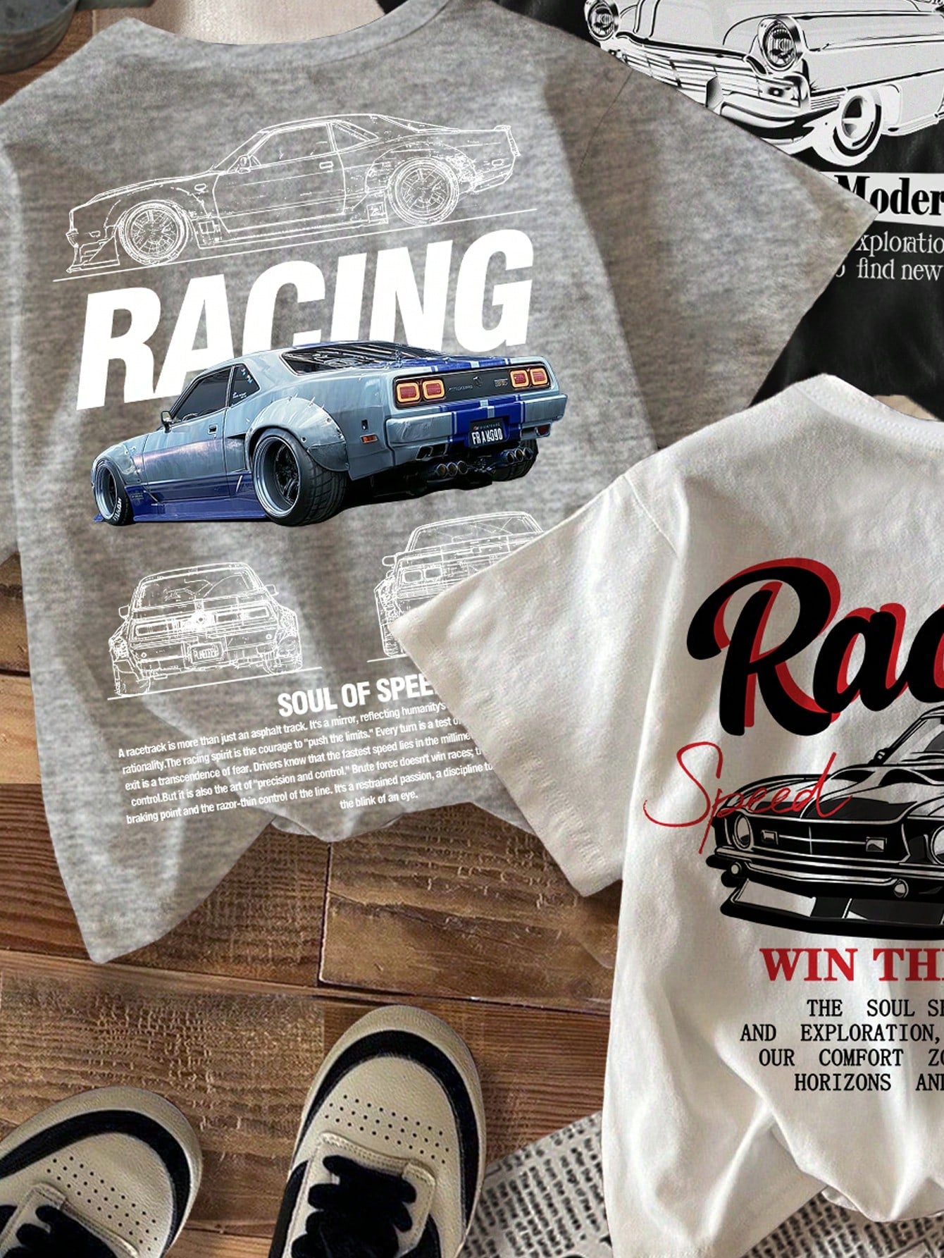 3pcs/Set Baby Boy Retro Car Graphic T-Shirts,White And Red,Summer,Street Life Casual Graphic Street Fashion,Carrer Day,Back-To-School Y2K Loose Tops